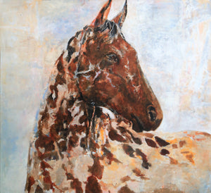 "Dotted horse in sunset" 120x120 cm